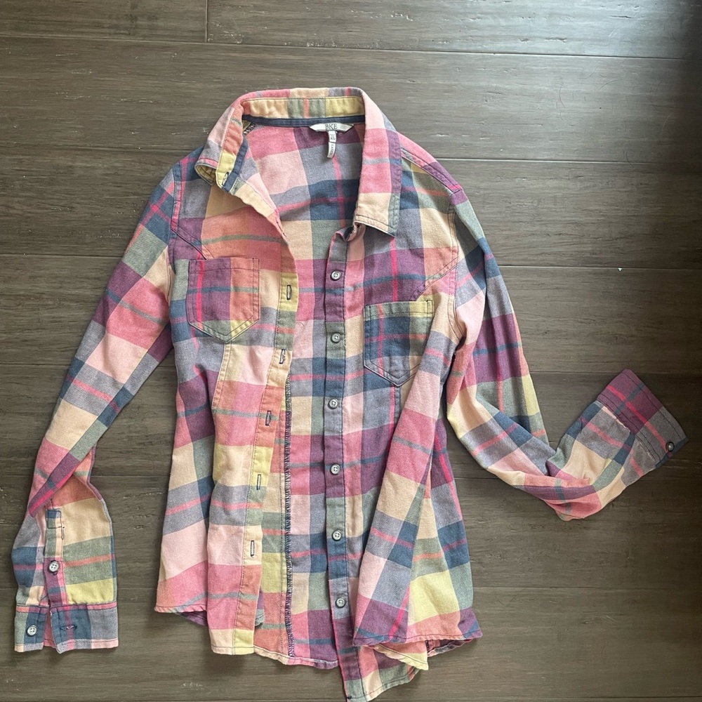 BUCKLE BKE PLAID FLANEL BUTTON DOWN SHIRT BLUE/PINK XS